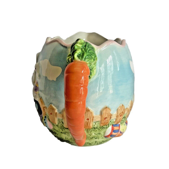 GKA Collector's Pitcher Rabbit Couple Easter Egg Hunt w Carrot Handle 6.5" - Picture 2 of 9